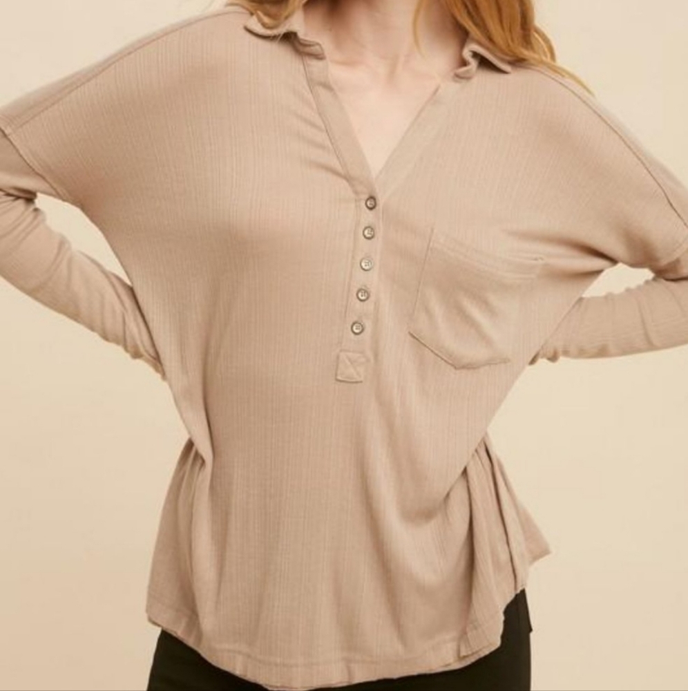 Collared Long Sleeve Button Down Top - Taupe
